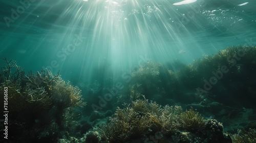 underwater scene with soft sunlight filtering through highlighting the tranquil beauty of the oceans depths
