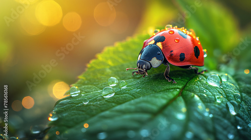 Marienkäfer auf einem ein grünen Blatt mit Wassertropfen