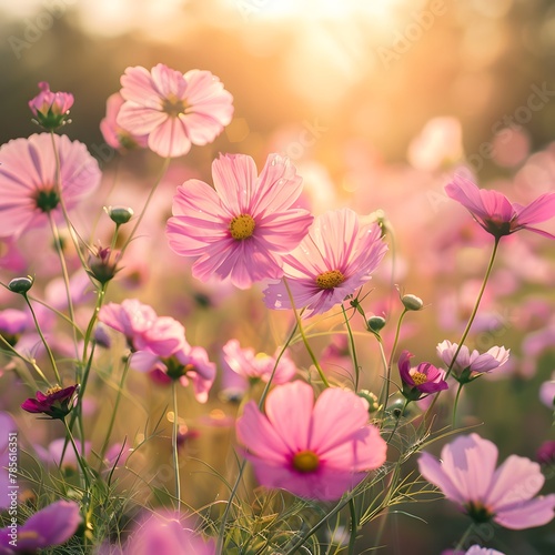 Blooming Beauty  Vibrant Cosmos Flowers in Natural Spring Landscape