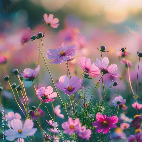 Blooming Beauty  Vibrant Cosmos Flowers in Natural Spring Landscape