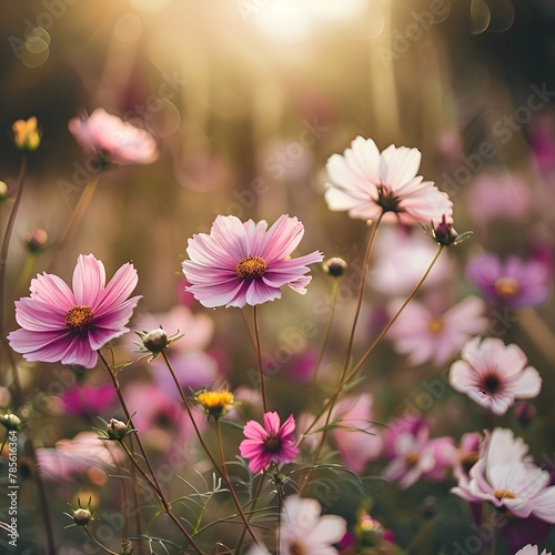 Blooming Beauty: Vibrant Cosmos Flowers in Natural Spring Landscape © Zelta