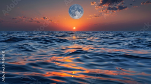   A sunset over a tranquil body of water, with a vast moon casting its radiant glow above, and a scattering of clouds adorning the evening sky