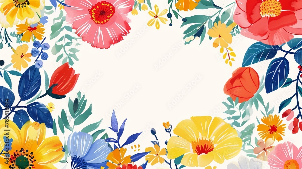A colorful bouquet of flowers is arranged in a circle. Flowers of different colors and sizes create a bright and lively atmosphere. Frame with space for text. Illustration for cover, card, postcard.