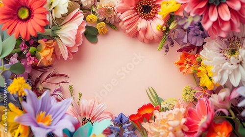 Flowers of different colors and sizes create a bright and lively atmosphere. Frame with space for text. Illustration for cover, card, postcard.