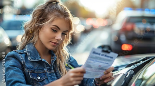 A young blonde woman reads a traffic fine by her car in a busy urban area, with blurred police lights and traffic in the background. photo