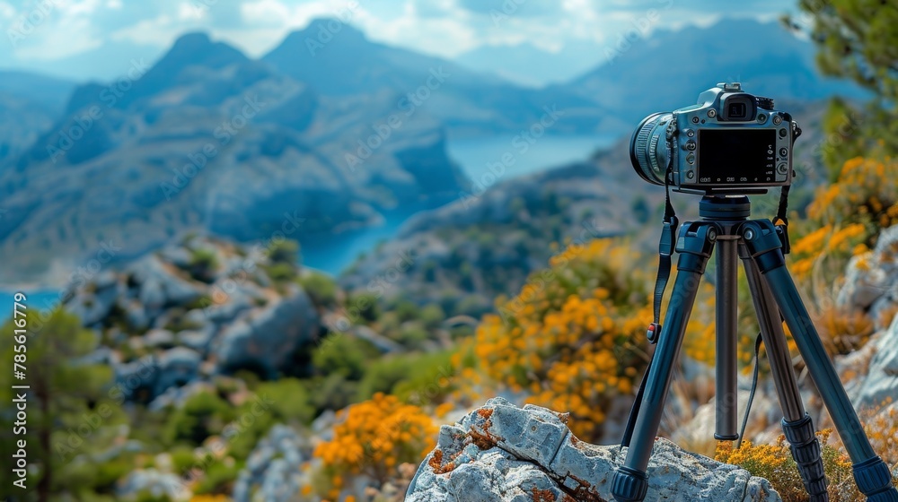 Professional camera mounted on a tripod captures the majestic mountainous landscape with lush foliage and sparkling water in the background.