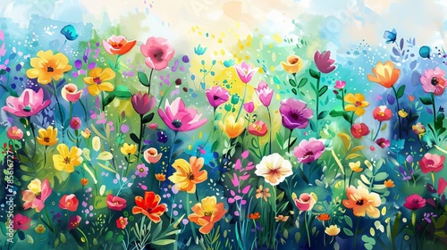 vibrant spring flower meadow colorful blooms and lush greenery watercolor illustration