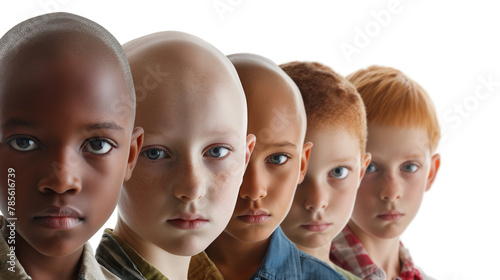 A row of children with different skin tones, some bald from cancer treatment, looking at the camera isolated on a white background. Cancer support group