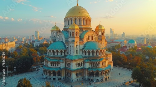 Aerial view of the majestic St. Alexander Nevsky Cathedral in Sofia, Bulgaria, basking in the golden hues of sunset with the cityscape in the background.