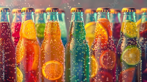 Lots of bottles of cold fruit water, tea or sodas with large drops of condensation on them. A refreshing drink. Illustration for cover, interior design, brochure, advertising, marketing, presentation.