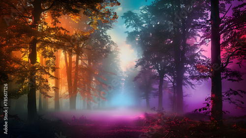 landscape in a fabulous forest  rainbow spectrum of colorful autumn trees in unusual neon lighting  fog background autumn fantasy