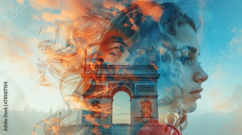 Captivating artwork combining a young woman in a red dress with the iconic Arc de Triomphe. This double exposure evokes a dreamy, surreal aesthetic, blending travel and fantasy.