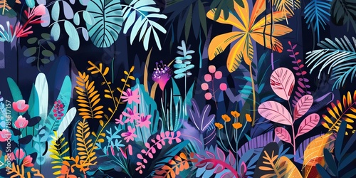 Abstract Bright Colorful Jungle Plants in Exaggerated Shapes and Sizes on Black Background