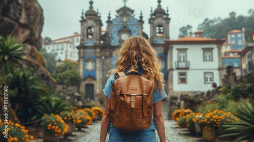 Young blonde woman with a backpack explores a charming European town. She is walking near a beautiful church surrounded by vibrant flowers.