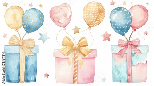 watercolor gift boxes with shiny gold bows balloons and festive birthday decorations pastel colors illustration