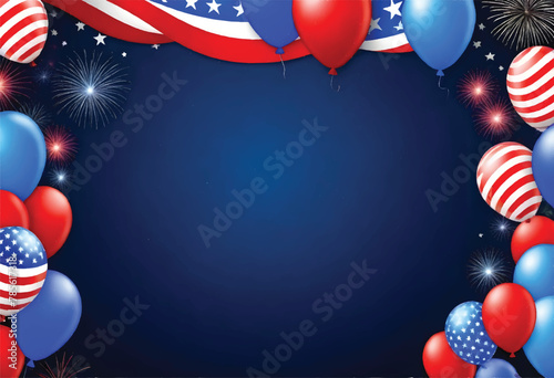 a bunch of balloons with american flags banner and fireworks are decorated on blue background