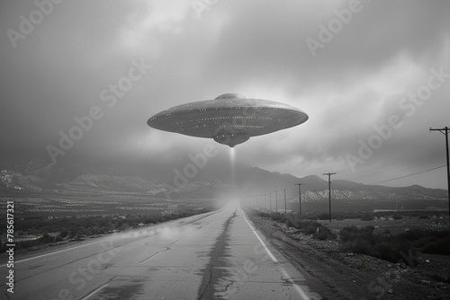 photo real, 1950s scifi, military base runway, silver flying saucer coming down from the sky,