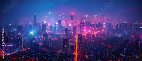 Metropolis Nights: 5G Connectivity Dreamscape. Concept Urban Landscape, Futuristic Technology, Nighttime Cityscapes, Digital Connectivity, Illuminated Skylines