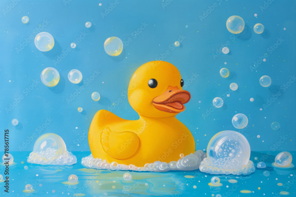 Yellow rubber ducky and soap bubbles on blue background. Toy for bathing child in bathroom