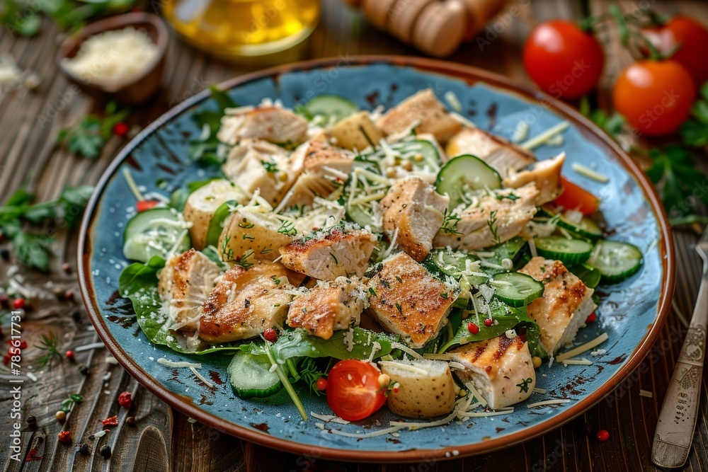 Caesar Salad with Chicken, Croutons, Tomatoes, Cucumbers on Blue Plate, Green Salad with Parmesan Caesar Salad with Chicken, Croutons, Tomatoes, Cucumbers on Blue Plate, Green Salad with Parmesan
