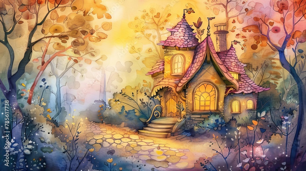 whimsical fairy tale cottage in a magical forest watercolor painting