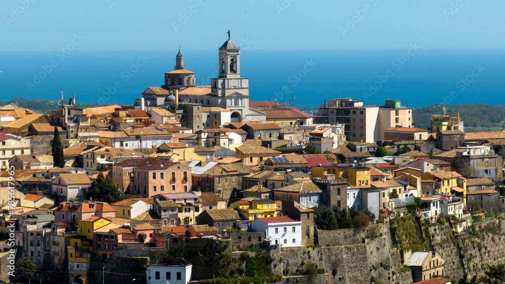 Aerial view of the historic center of Catanzaro. It is a city and capital of Calabria, southern Italy. In the background is the Ionian Sea.
