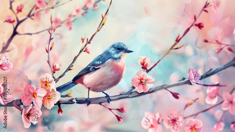 songbird perched on cherry blossom branch springtime nature scene watercolor painting - obrazy, fototapety, plakaty 