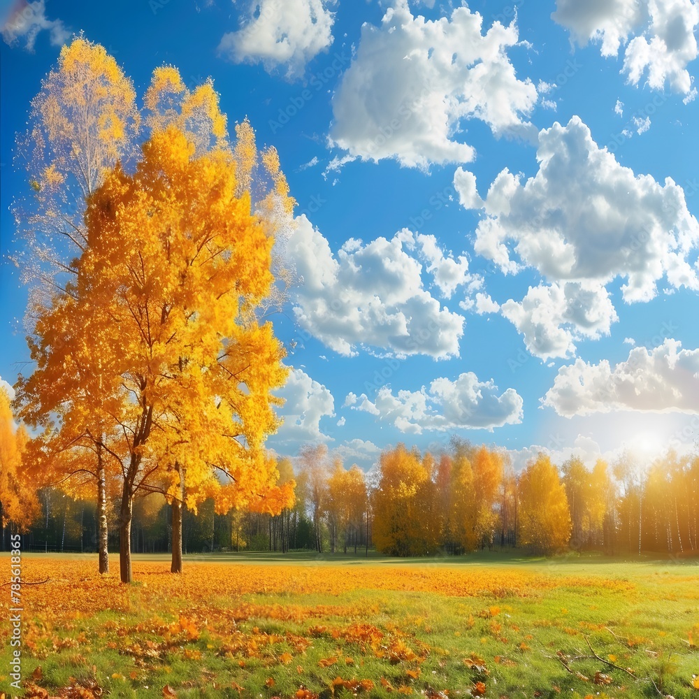 Golden Autumn Glow - Stunning Nature Landscape with Vibrant Yellow and Orange Trees under Blue Sky and White Clouds