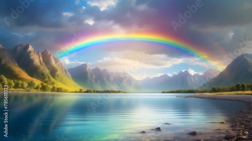 A photorealistic image capturing a beautiful rainbow arcing over a serene body of water, framed by majestic mountains in the background. The scene should evoke a sense of tranquility and natural beaut © Sabir