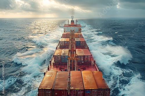 ultra realistic close-up image of a huge cargo ship where containers are visible on the ship