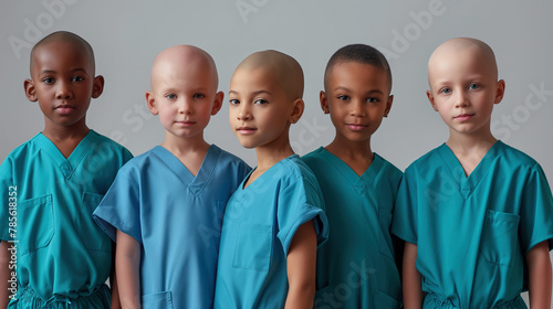  5 diverse children with cancer standing in front of a grey background, wearing teal and turquoise scrubs. Their heads were shaved bald. Childhood cancer support