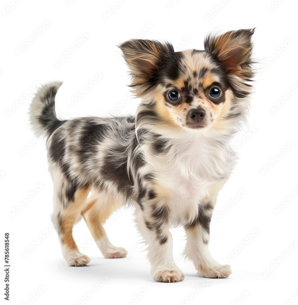 Cute pretty merle chihuahua dog with long hair on isolated background