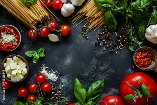 Spaghetti with Milk Mozzarella and Tomato Sauce. Traditional Pasta, Fresh Basil, Parsley, Garlic, Parmesan