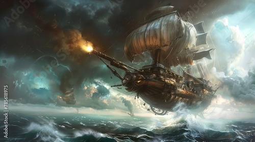 steampunk airship battle above a stormy sea digital painting photo
