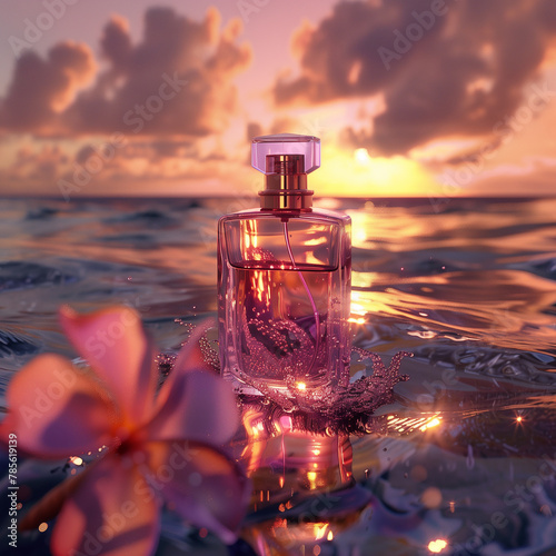 Product display, perfume, on the water, with magical and luxurious quality, magazine photography advertising, realistic, ultra - detailed, ray tracing, 32K picture quality
