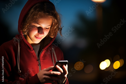 Young person using cellphone with face lit up from screen