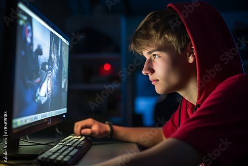 Young man playing computer games at home in a dark room