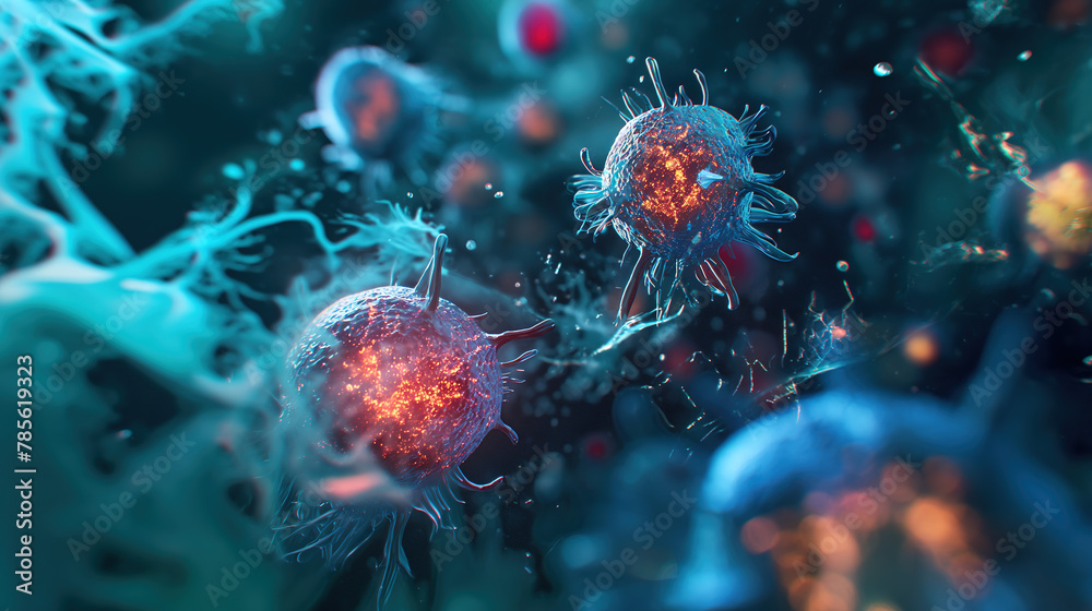 3D render of human cells attacking a cancer cell in closeup, macro photography, dark blue and light cyan colors - obrazy, fototapety, plakaty 