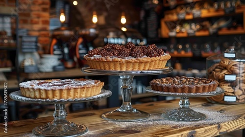  A wooden table laden with numerous pies Pies atop a separate wooden table, adjacent to a bar
