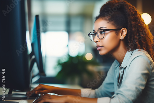 Young woman using a computer in the library.