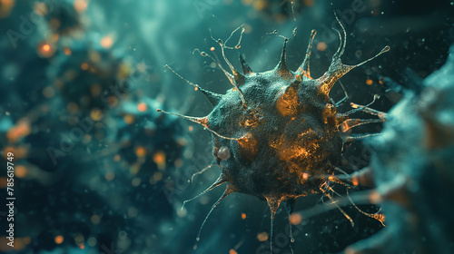 A highly detailed, realistic depiction of an abstract medical cell or cancer cells, with sharp focus and a blurred background to emphasize the subject. 