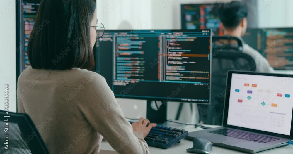 Group Adult Asia male, female freelance typing write prompt AI bot IT app smart program nomad, video game, terminal with coding language, user interface, designer, big data center on desktop computer.