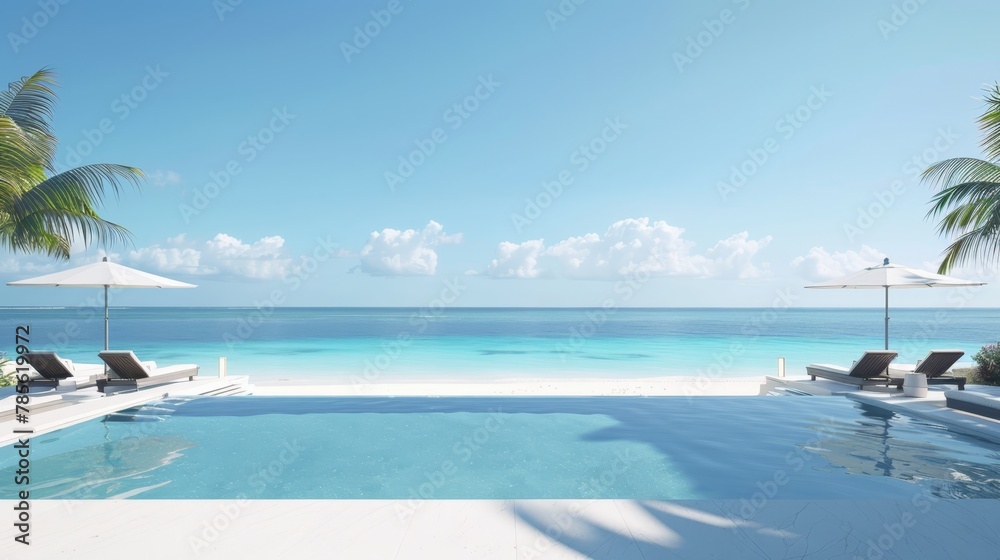Obraz premium the elegance of a luxury beach club, featuring a pristine swimming pool and lounge chairs against a backdrop of azure ocean, white sand, and clear blue sky 