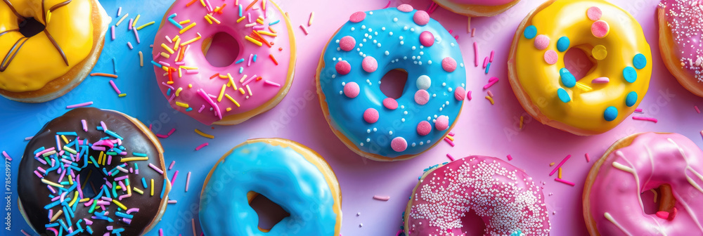 Fototapeta premium horizontal banner, National Donut Day, a row of multi-colored donuts covered with icing and confetti, gradient pink blue background