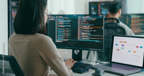 Group Adult Asia male, female freelance typing write prompt AI bot IT app smart program nomad, video game, terminal with coding language, user interface, designer, big data center on desktop computer.