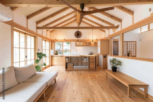 A simple and stylish Japanese-style living room with wooden beams on the ceiling, white walls, and light wood floors Generative AI