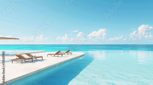 the elegance of a luxury beach club  featuring a pristine swimming pool and lounge chairs against a backdrop of azure ocean  white sand  and clear blue sky 