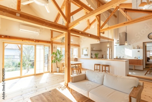 A bright and airy living room with wooden beams on the ceiling, white walls, and an open kitchen in the style of Japanese minimalism Generative AI photo