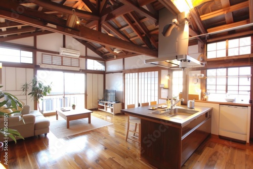 A photo of the interior of an open plan house in Japan, with white walls and wooden beams on the ceiling, a wood floor Generative AI