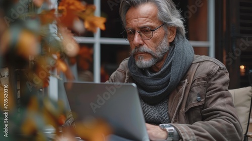 Middle-Aged Professional Working Remotely on Terrace Generative AI